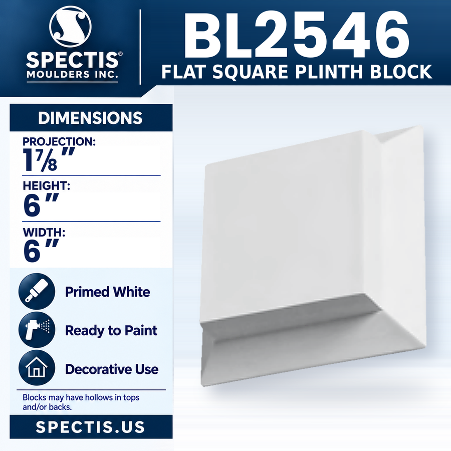 BL2546 Flat Square Plinth Block, Spectis polyurethane block, 1 7/8 in projection x 6 in high x 6 in wide