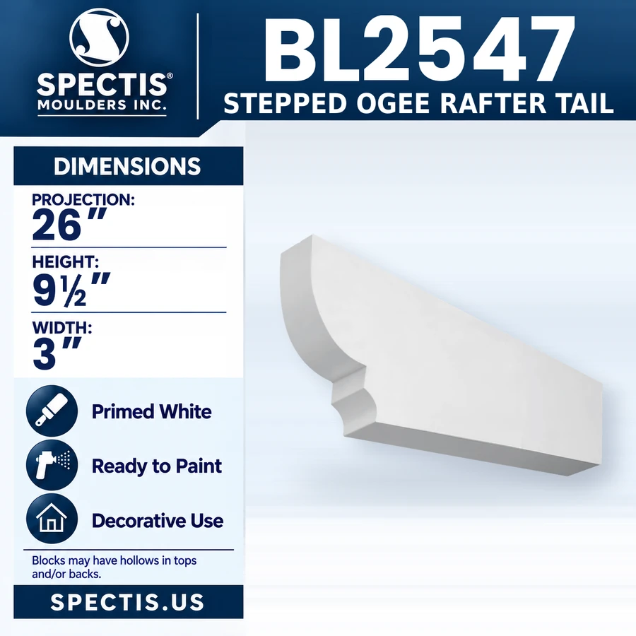 BL2547 Stepped Ogee Rafter Tail, Spectis polyurethane rafter tail, smooth, primed white, 26 in projection x 9 1/2 in high x 3 in wide