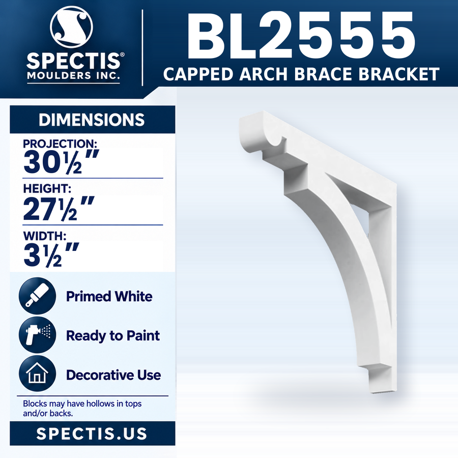 BL2555 Capped Arch Brace Bracket, Spectis polyurethane bracket, 30 1/2 in projection x 27 1/2 in high x 3 1/2 in wide