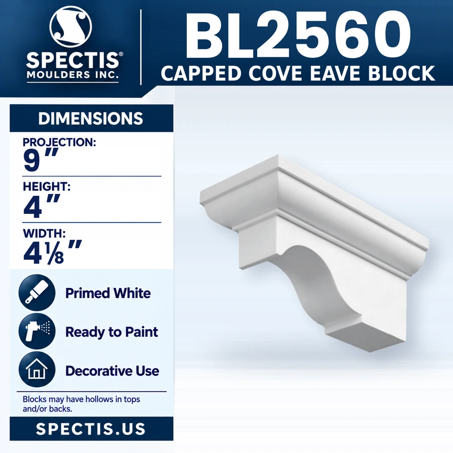 BL2560 Capped Cove Eave Block, Spectis polyurethane block, 9 in projection x 4 in high x 4 1/8 in wide