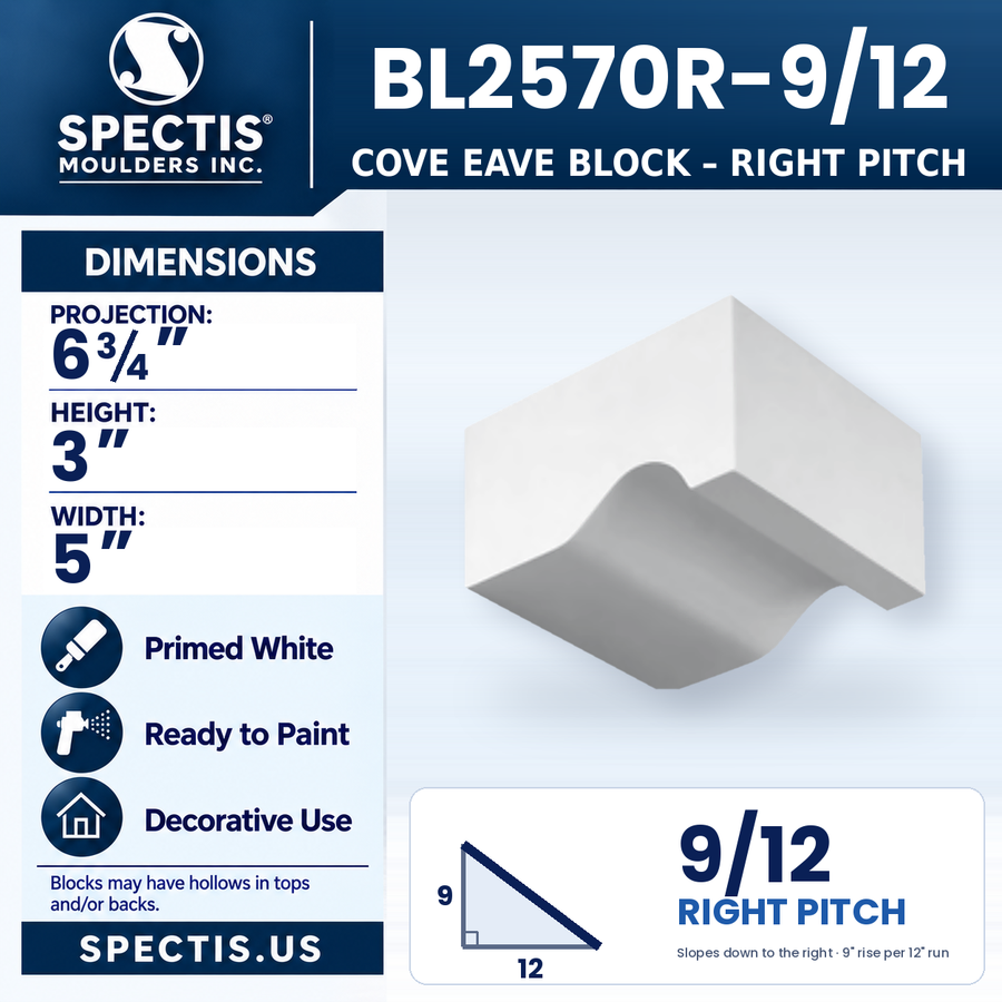 BL2570R-9/12 Cove Eave Block, right 9/12 pitch, Spectis polyurethane block, 6 3/4 in projection x 3 in high x 5 in wide