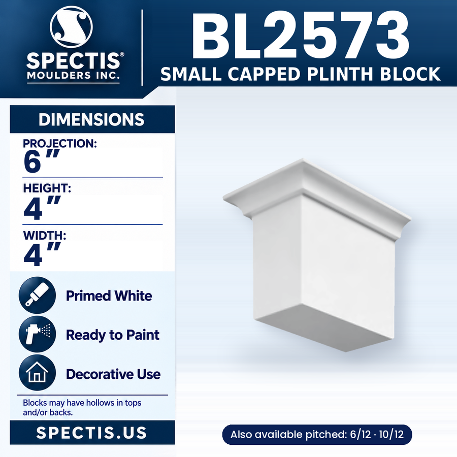 BL2573 Small Capped Plinth Block, Spectis polyurethane block, 6 in projection x 4 in high x 4 in wide