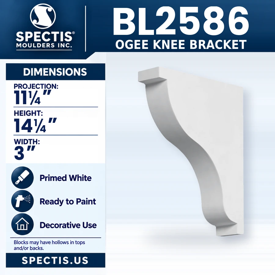 BL2586 Ogee Knee Bracket, Spectis polyurethane bracket, 11 1/4 in projection x 14 1/4 in high x 3 in wide