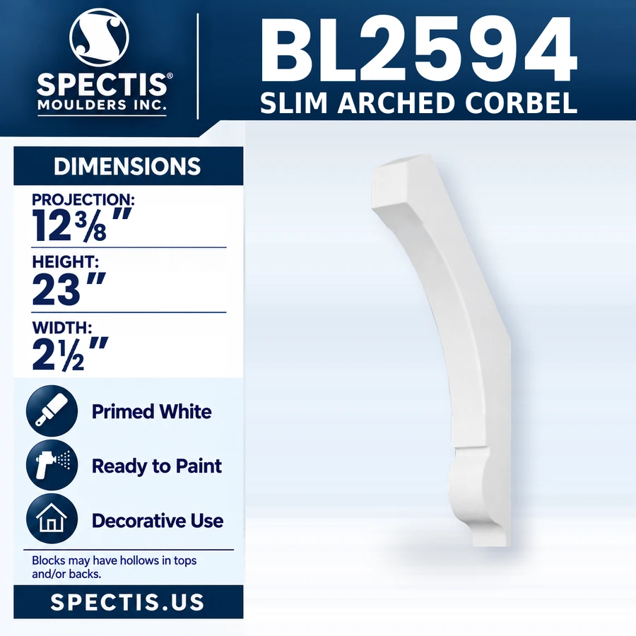 BL2594 Slim Arched Corbel, Spectis polyurethane corbel, 12 3/8 in projection x 23 in high x 2 1/2 in wide