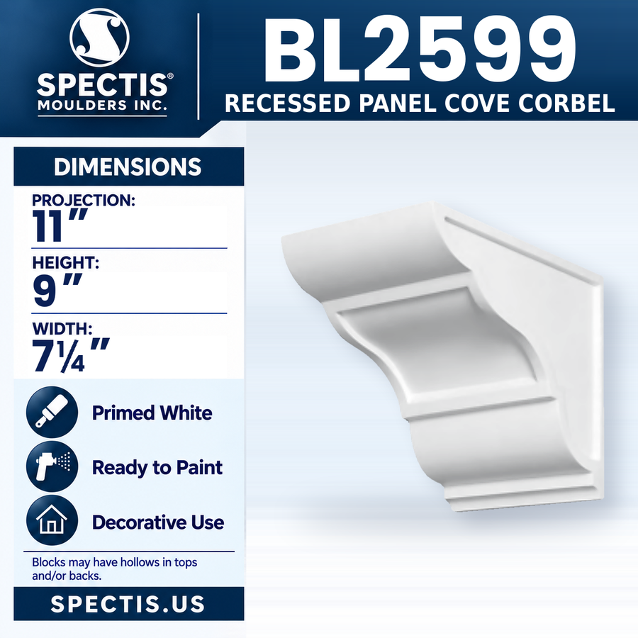 BL2599 Recessed Panel Cove Corbel, Spectis polyurethane corbel, 11 in projection x 9 in high x 7 1/4 in wide