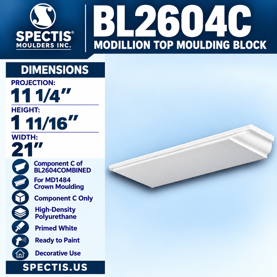 Spectis BL2604C Modillion Top Moulding Block 21"W x 1 11/16"H x 11 1/4"P; component C only for BL2604COMBINED; for MD1484 crown moulding; high-density polyurethane.