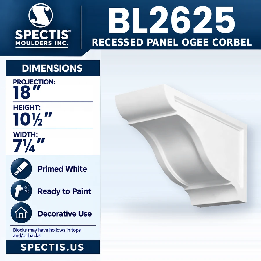 BL2625 Recessed Panel Ogee Corbel, Spectis polyurethane corbel, 18 in projection x 10 1/2 in high x 7 1/4 in wide
