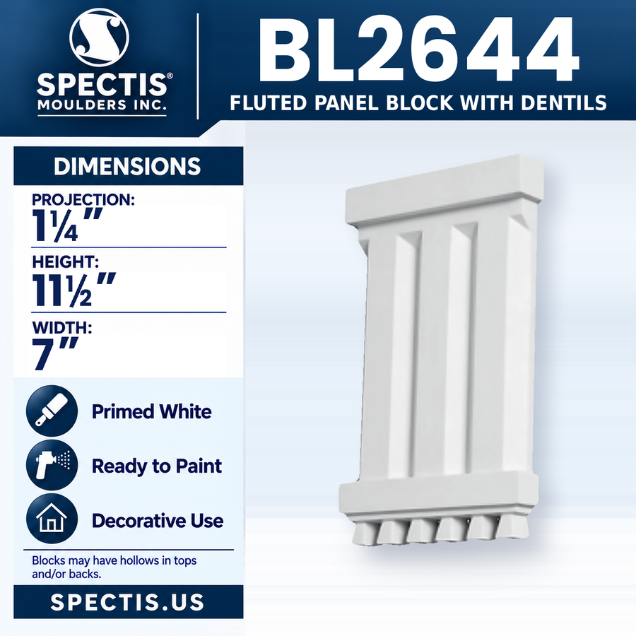 BL2644 Fluted Panel Block with Dentils, Spectis polyurethane block, 1 1/4 in projection x 11 1/2 in high x 7 in wide