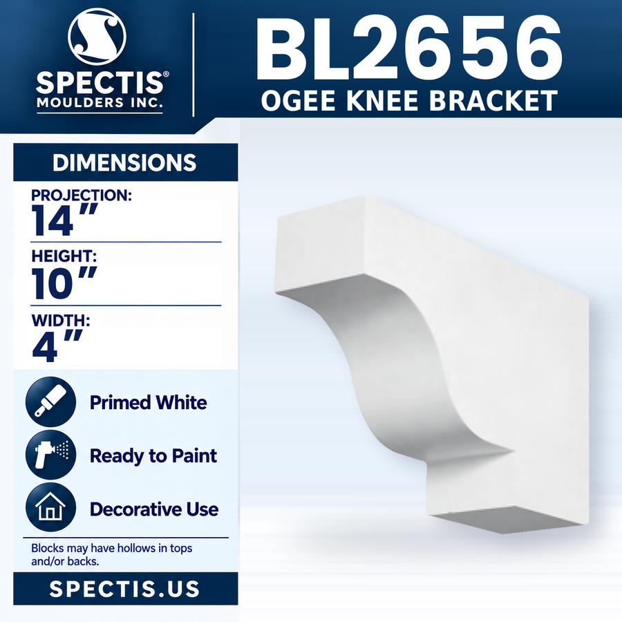 BL2656 Ogee Knee Bracket, Spectis polyurethane bracket, 14 in projection x 10 in high x 4 in wide