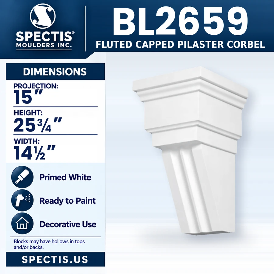 BL2659 Fluted Capped Pilaster Corbel, Spectis polyurethane corbel, 15 in projection x 25 3/4 in high x 14 1/2 in wide