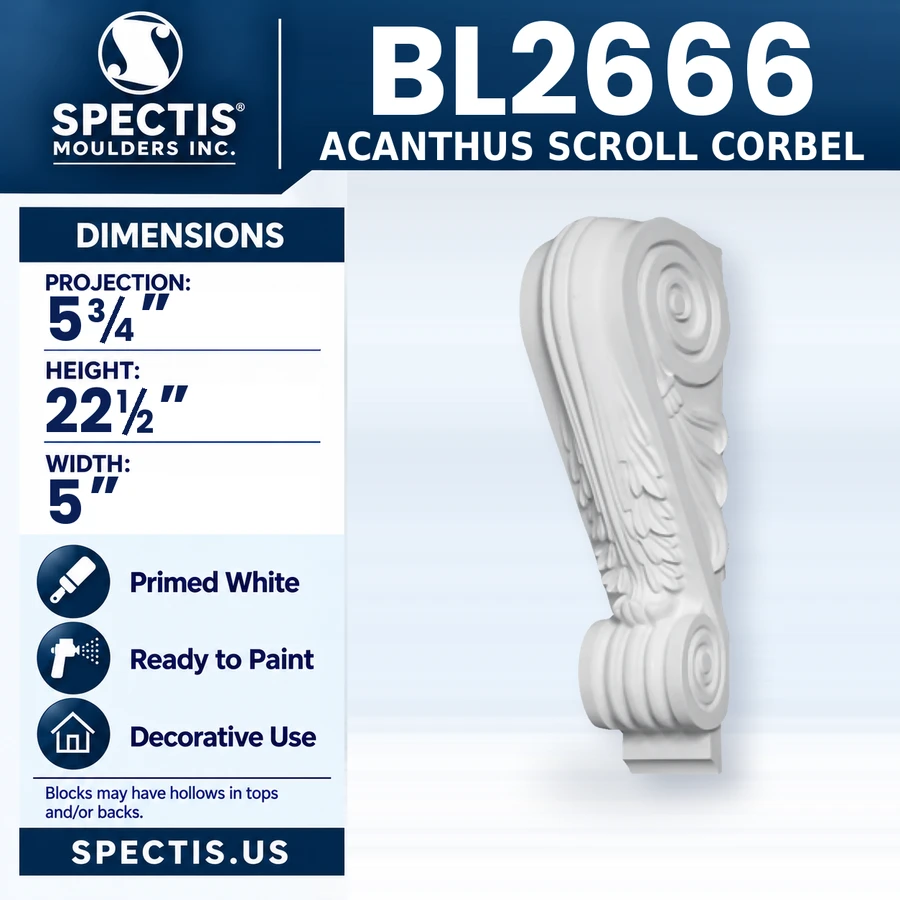 BL2666 Acanthus Scroll Corbel, Spectis polyurethane corbel, 5 3/4 in projection x 22 1/2 in high x 5 in wide