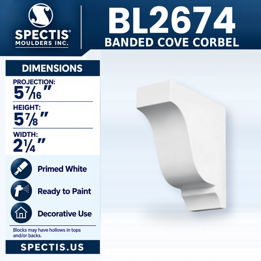 BL2674 Banded Cove Corbel, Spectis polyurethane corbel, 5 7/16 in projection x 5 7/8 in high x 2 1/4 in wide