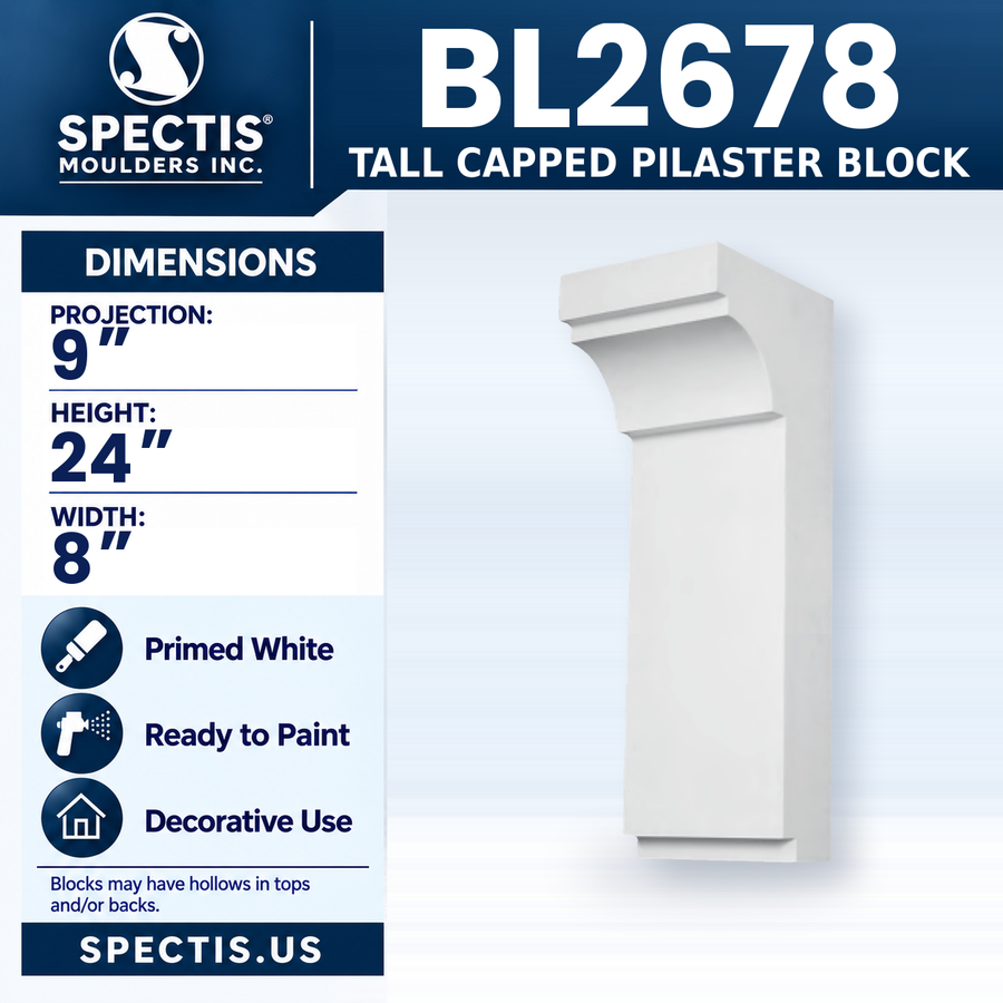 BL2678 Tall Capped Pilaster Block, Spectis polyurethane block, 9 in projection x 24 in high x 8 in wide