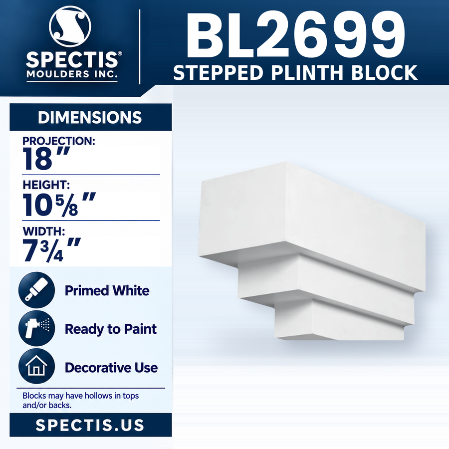 BL2699 Stepped Plinth Block, Spectis polyurethane block, 18 in projection x 10 5/8 in high x 7 3/4 in wide