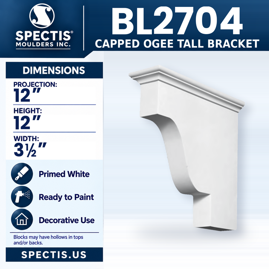 BL2704 Capped Ogee Tall Bracket, Spectis polyurethane bracket, 12 in projection x 12 in high x 3 1/2 in wide