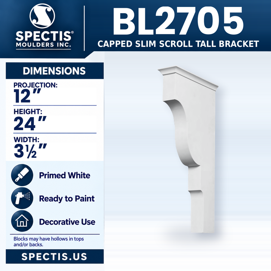 BL2705 Capped Slim Scroll Tall Bracket, Spectis polyurethane bracket, 12 in projection x 24 in high x 3 1/2 in wide