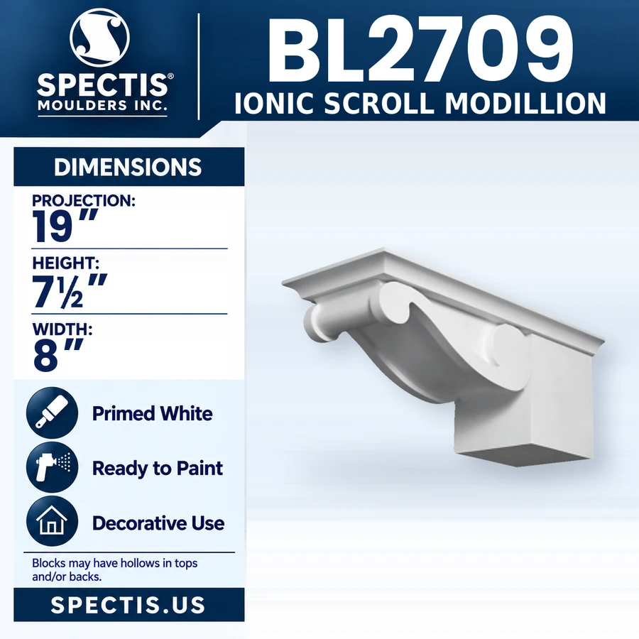 BL2709 Ionic Scroll Modillion, Spectis polyurethane modillion, 19 in projection x 7 1/2 in high x 8 in wide