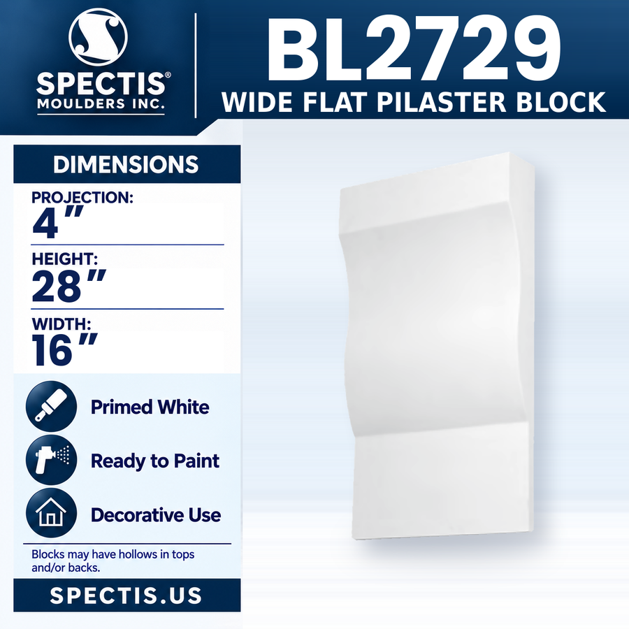 BL2729 Wide Flat Pilaster Block, Spectis polyurethane block, 4 in projection x 28 in high x 16 in wide