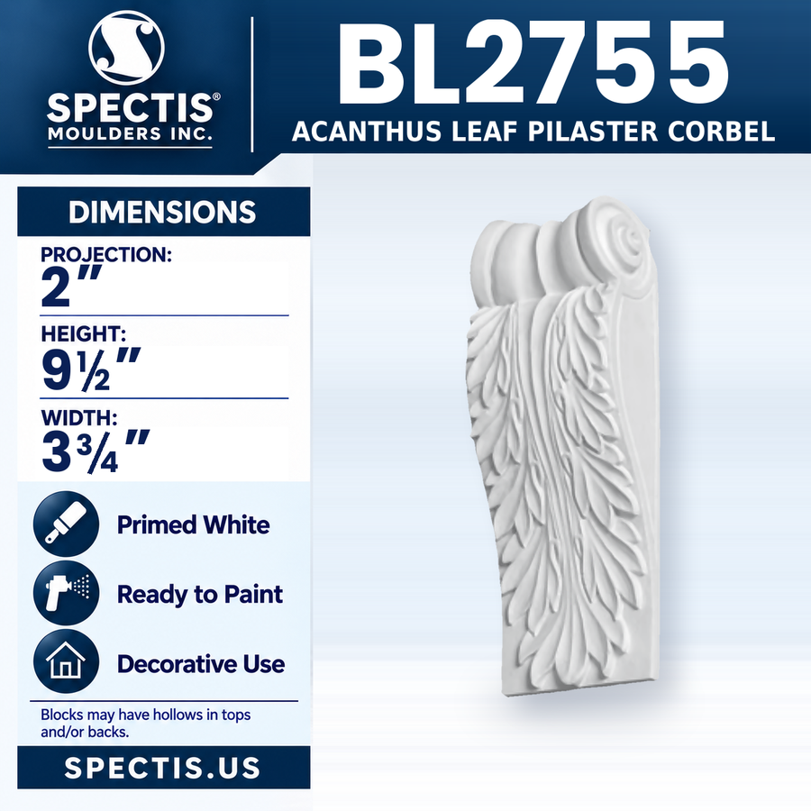 BL2755 Acanthus Leaf Pilaster Corbel, Spectis polyurethane corbel, 2 in projection x 9 1/2 in high x 3 3/4 in wide