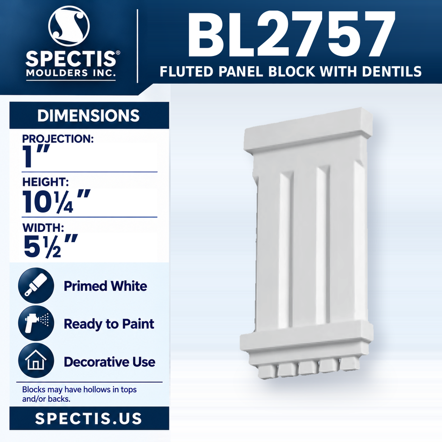BL2757 Fluted Panel Block with Dentils, Spectis polyurethane block, 1 in projection x 10 1/4 in high x 5 1/2 in wide