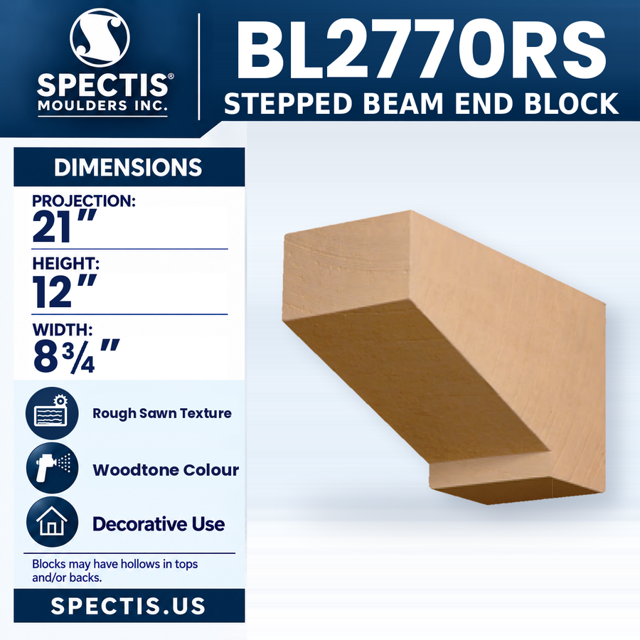BL2770RS Stepped Beam End Block, Spectis polyurethane block with rough sawn texture in woodtone colour, 21 in projection x 12 in high x 8 3/4 in wide