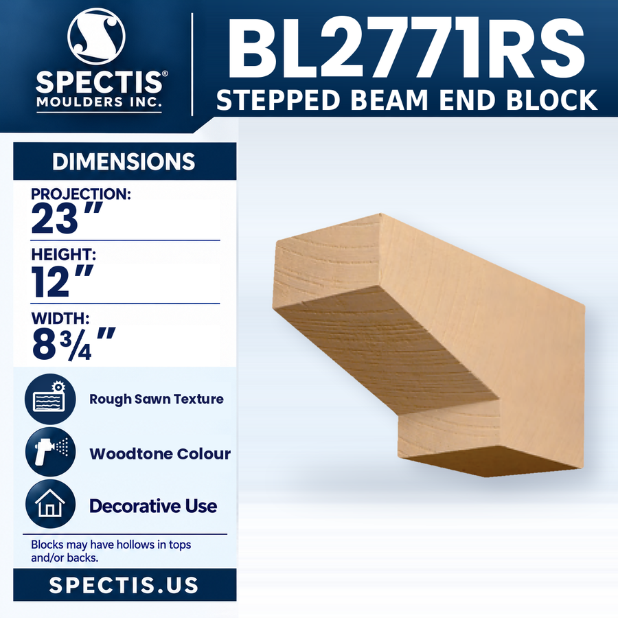 BL2771RS Stepped Beam End Block, Spectis polyurethane block with rough sawn texture in woodtone colour, 23 in projection x 12 in high x 8 3/4 in wide
