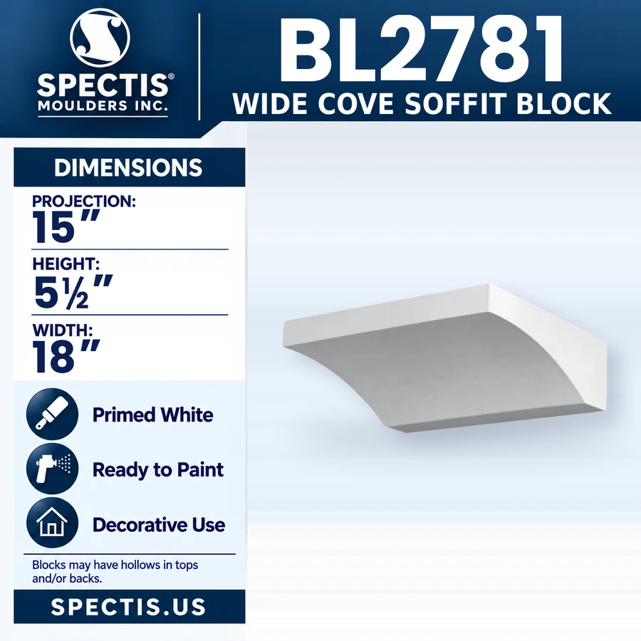 BL2781 Wide Cove Soffit Block, Spectis polyurethane block, 15 in projection x 5 1/2 in high x 18 in wide