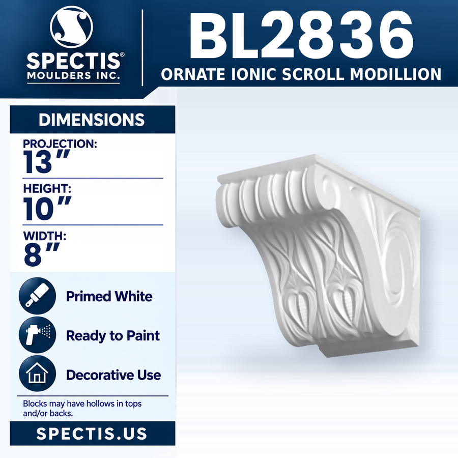 BL2836 Ornate Ionic Scroll Modillion, Spectis polyurethane modillion, 13 in projection x 10 in high x 8 in wide