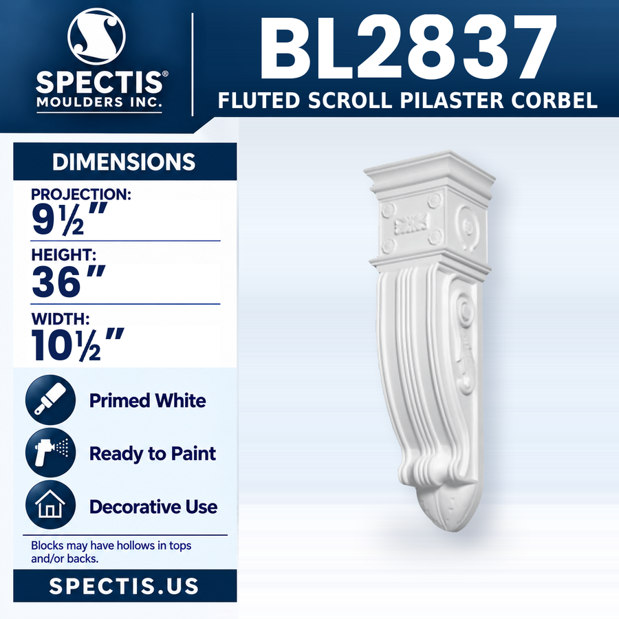 BL2837 Fluted Scroll Pilaster Corbel, Spectis polyurethane corbel, 9 1/2 in projection x 36 in high x 10 1/2 in wide