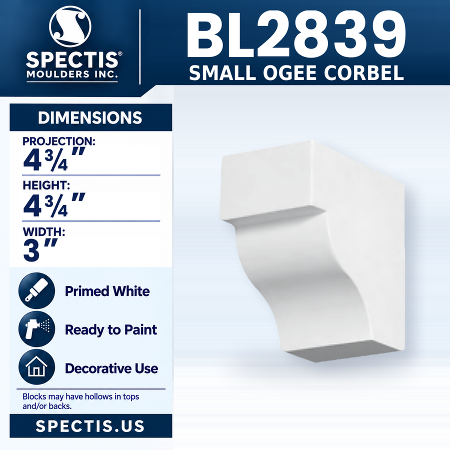 BL2839 Small Ogee Corbel, Spectis polyurethane corbel, 4 3/4 in projection x 4 3/4 in high x 3 in wide