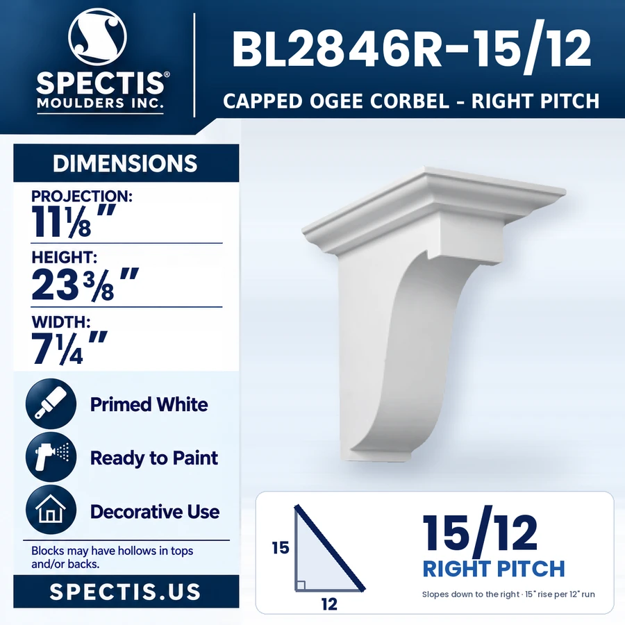 BL2846R-15/12 Capped Ogee Corbel, right 15/12 pitch, Spectis polyurethane corbel, 11 1/8 in projection x 23 3/8 in high x 7 1/4 in wide