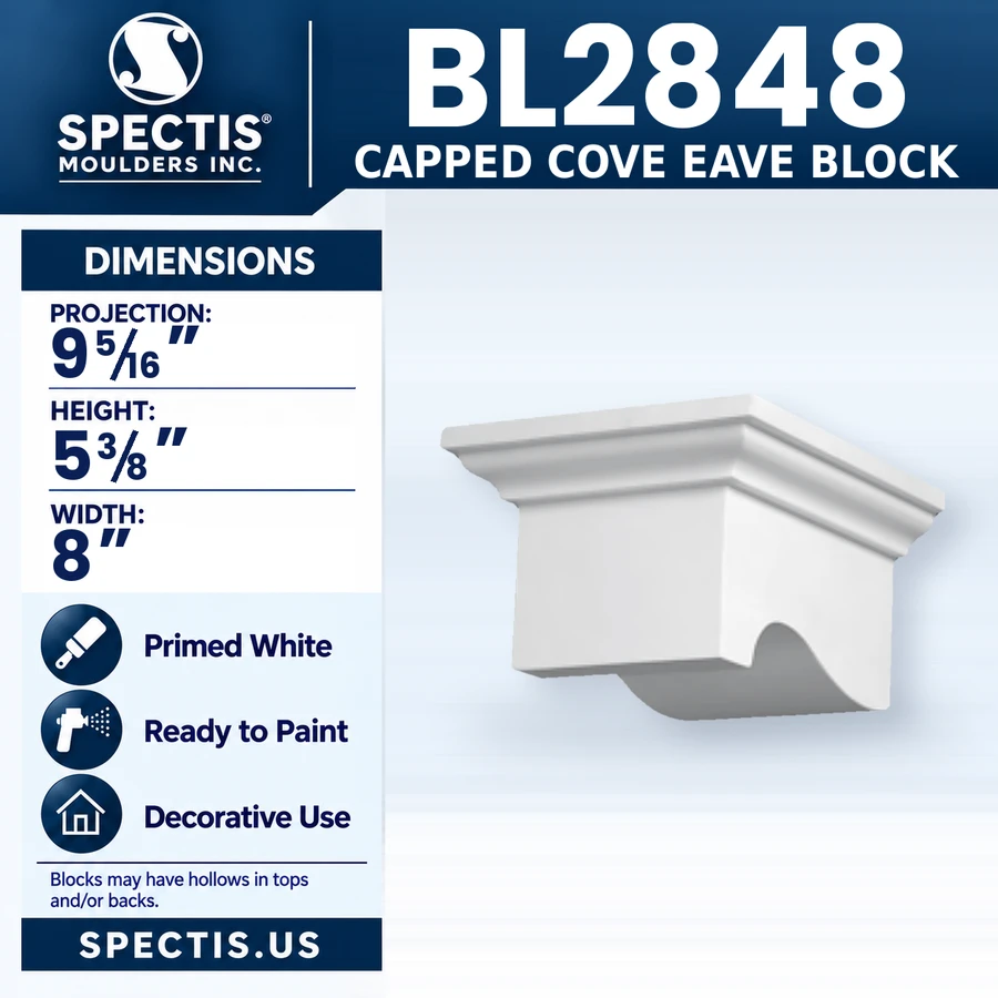 BL2848 Capped Cove Eave Block, Spectis polyurethane block, 9 5/16 in projection x 5 3/8 in high x 8 in wide