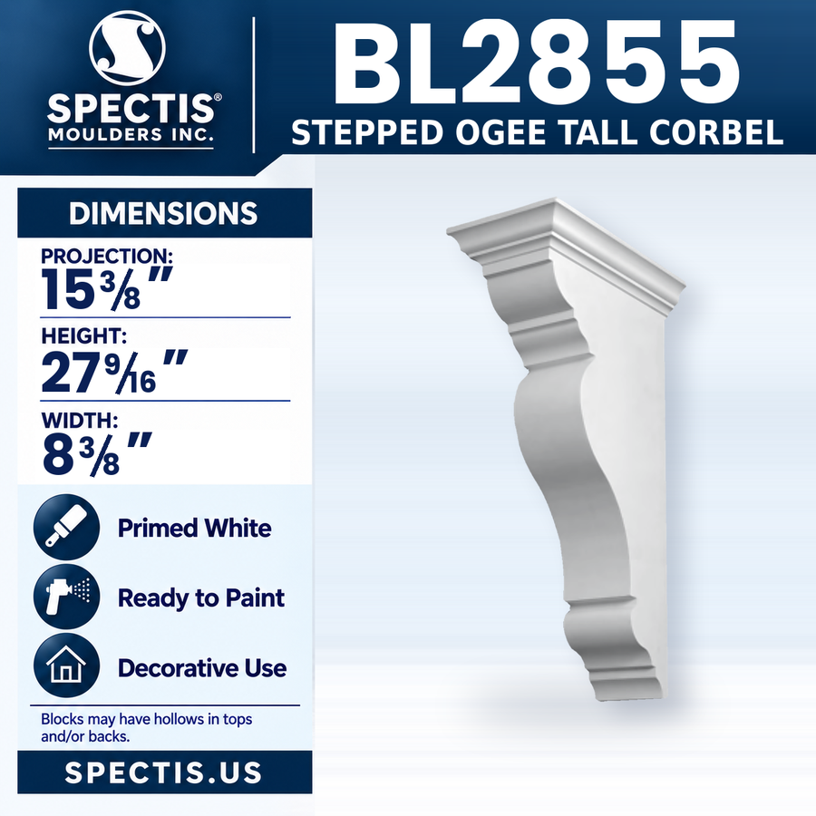 BL2855 Stepped Ogee Tall Corbel, Spectis polyurethane corbel, 15 3/8 in projection x 27 9/16 in high x 8 3/8 in wide