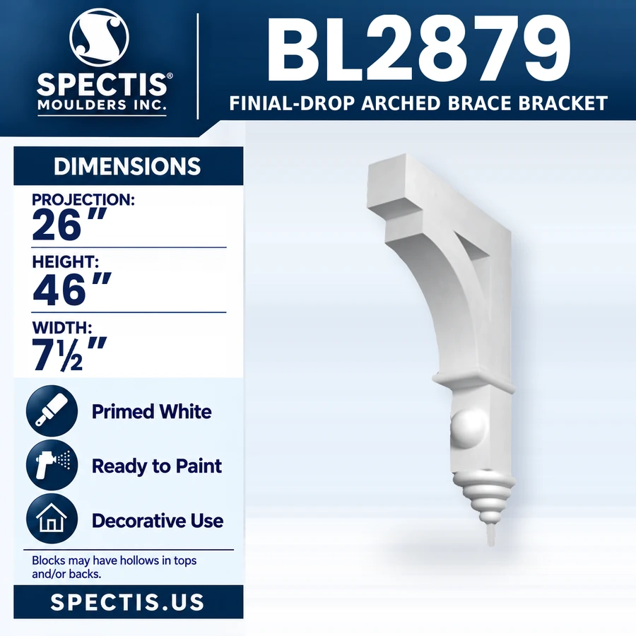 BL2879 Finial-Drop Arched Brace Bracket, Spectis polyurethane bracket, 26 in projection x 46 in high x 7 1/2 in wide