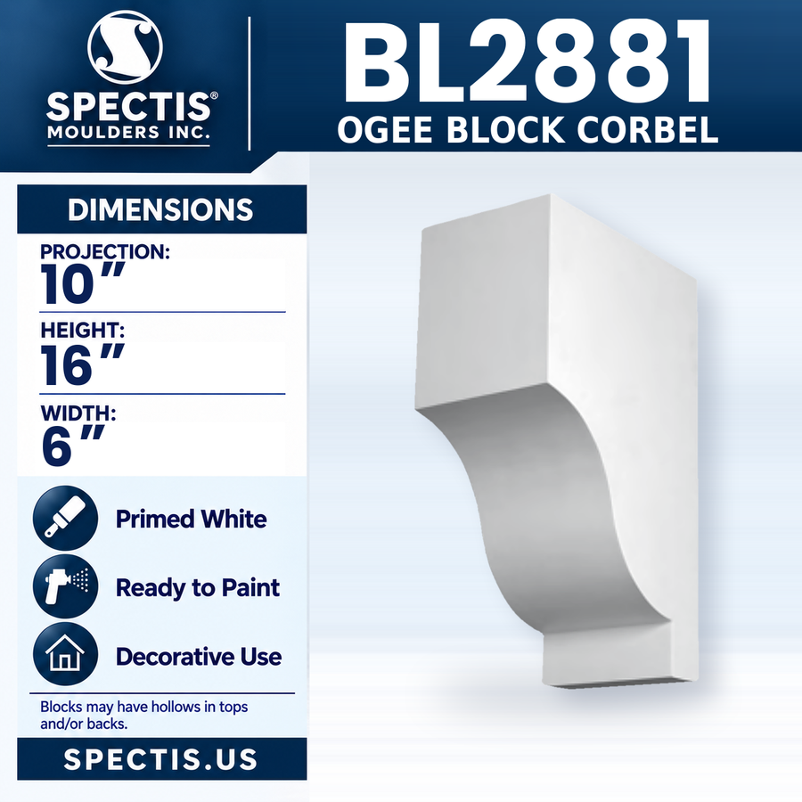 BL2881 Ogee Block Corbel, Spectis polyurethane corbel, 10 in projection x 16 in high x 6 in wide