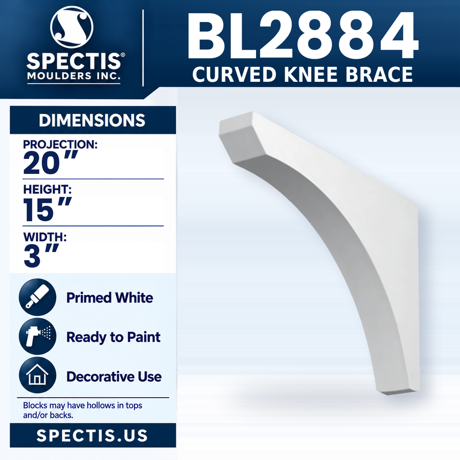 BL2884 Curved Knee Brace, Spectis polyurethane knee brace, 20 in projection x 15 in high x 3 in wide