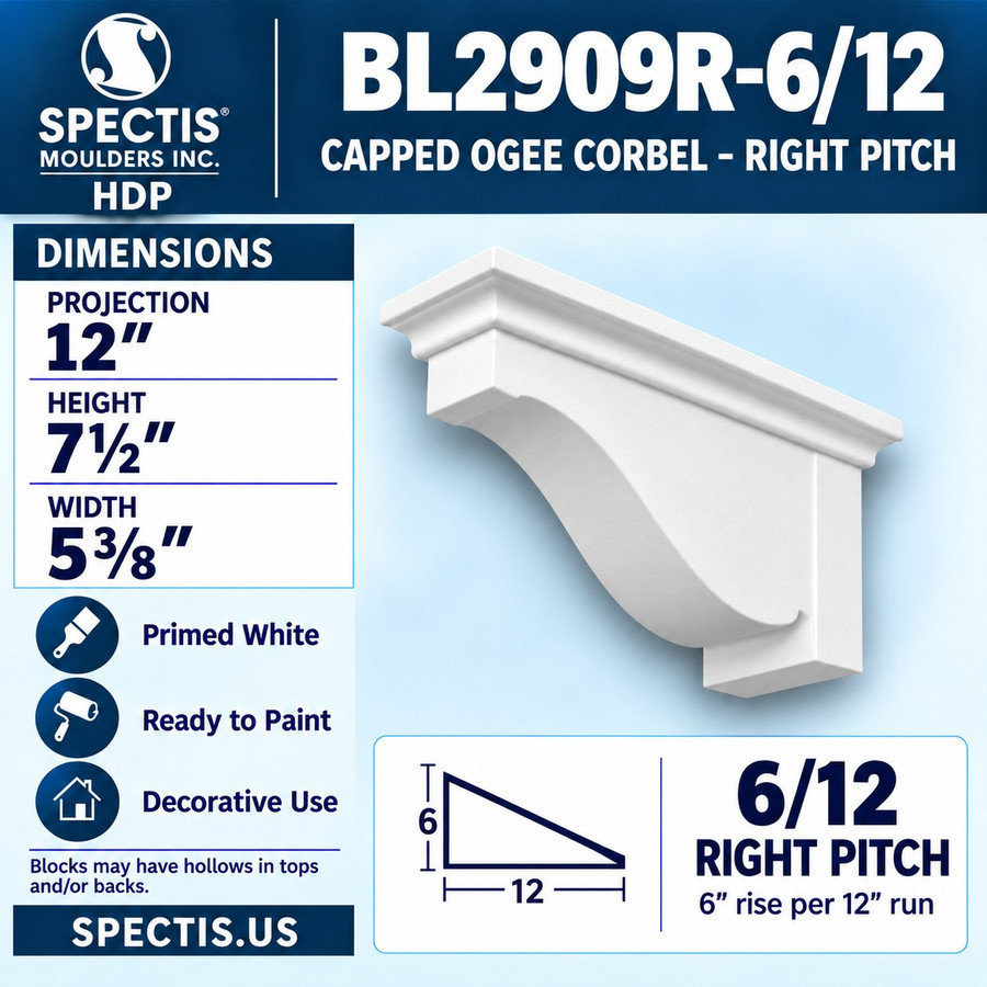BL2909R-6/12 Capped Ogee Corbel – Right Pitch 5.375"W x 7.5"H x 12"P
