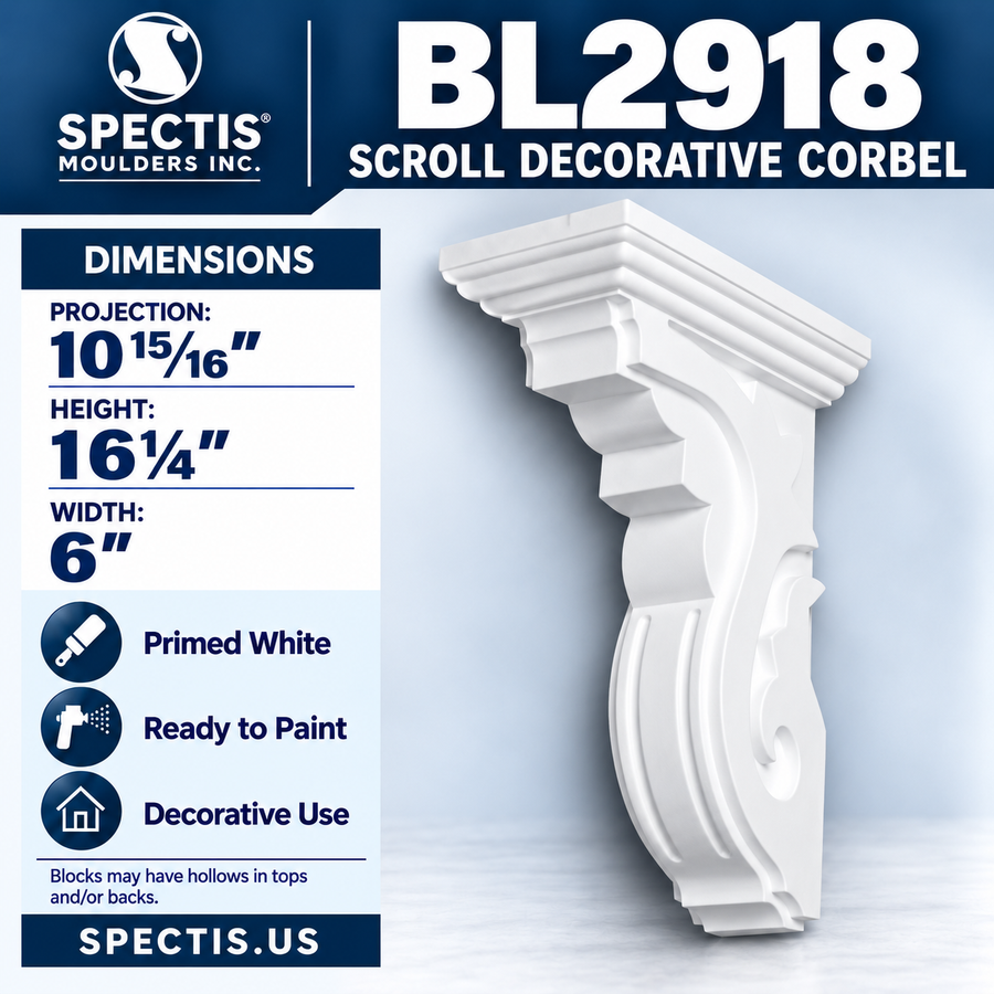 BL2918 Scroll Decorative Corbel 6"W x 16.25"H x 10.9375"P