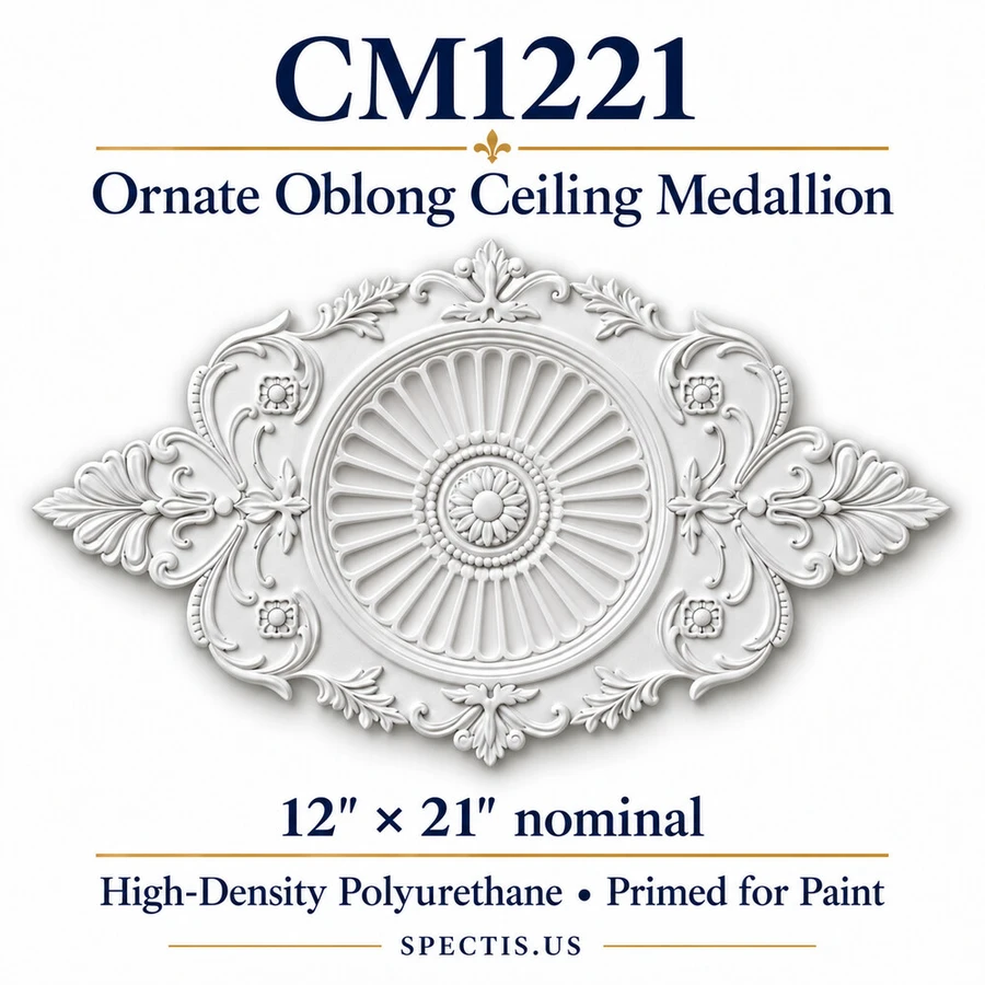CM1221 ornate oblong HDP ceiling medallion with recessed spoon-like radial flutes, central rosette and scrollwork; primed white; 12 x 21 inches nominal.