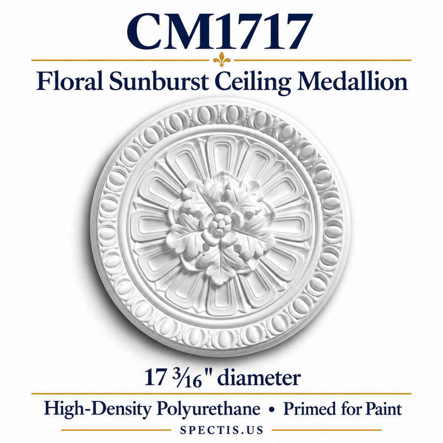 CM1717 floral sunburst ceiling medallion, white primed HDP; 17 3/16″ diameter.