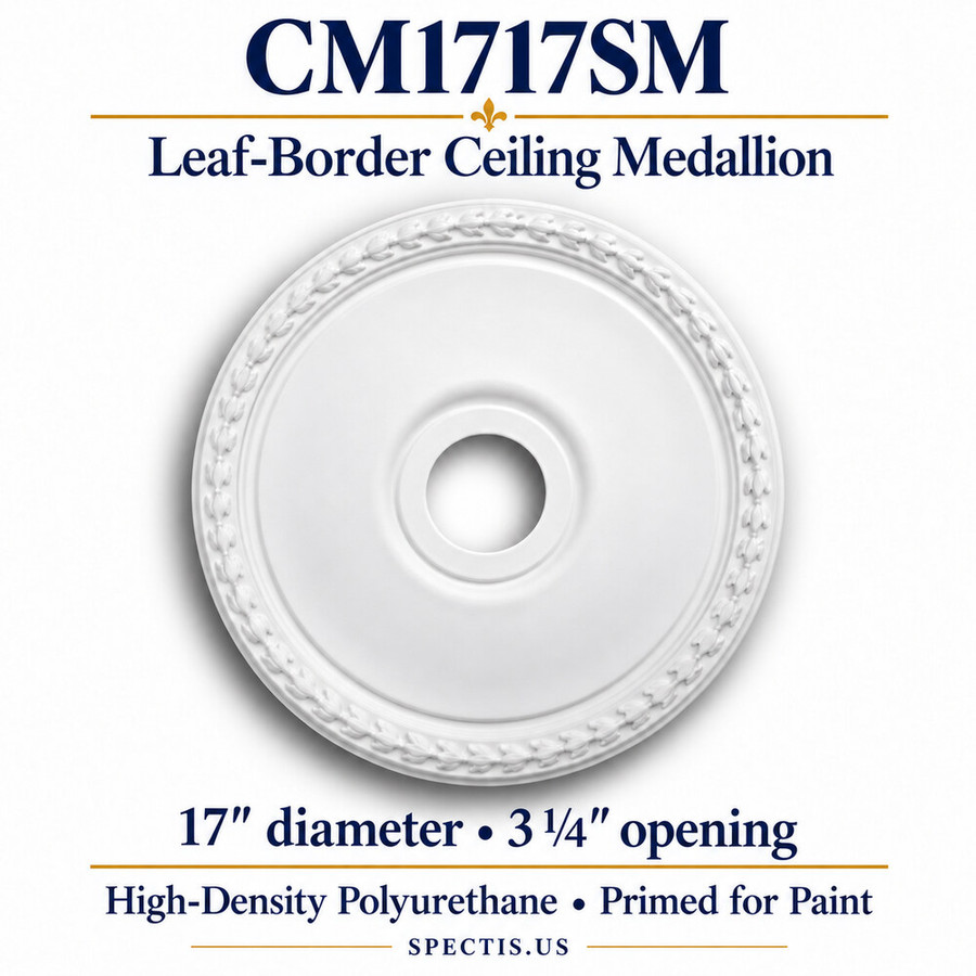 CM1717SM leaf-border HDP ceiling medallion, primed white; 17-inch diameter, 3 1/4-inch opening per current manufacturer specification.