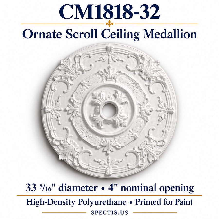 CM1818-32 ornate scroll ceiling medallion, white primed HDP; 33 5/16″ diameter; 4″ nominal center opening.