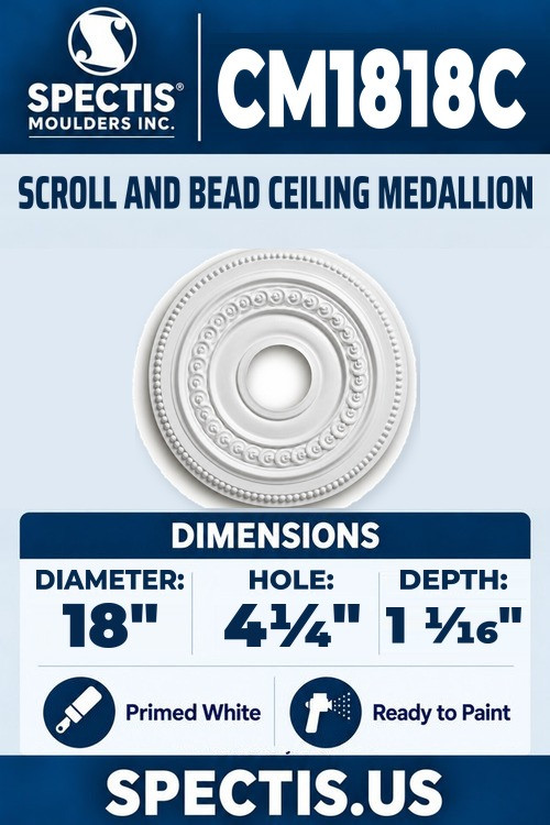 Spectis CM1818C scroll and bead ceiling medallion, 18 inch with 4 1/4 inch center hole, 1 1/16 inch depth, primed polyurethane