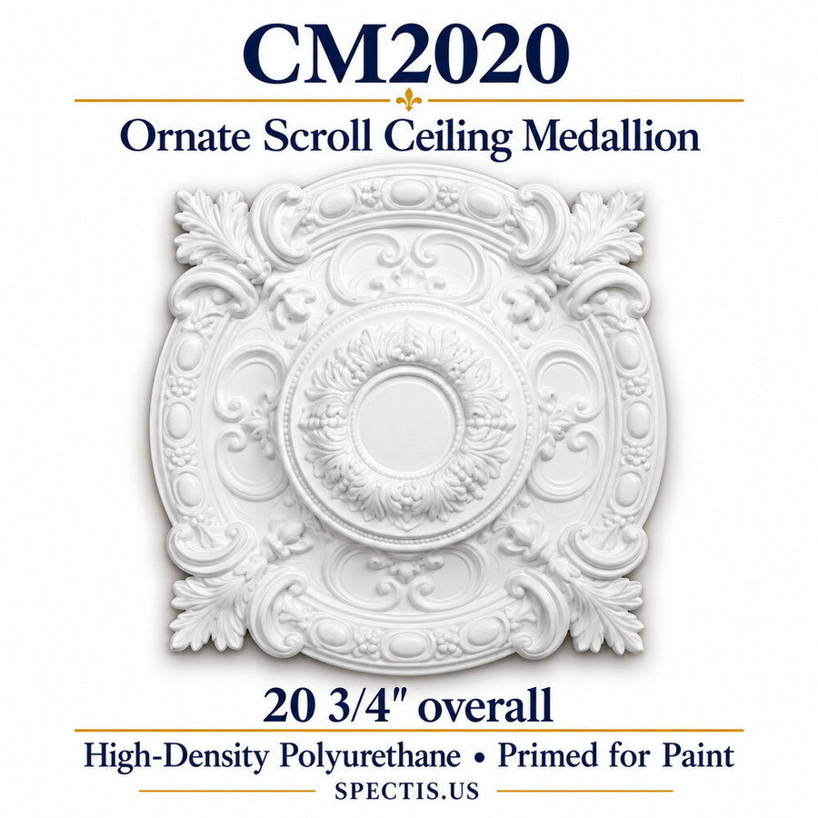 CM2020 ornate scroll ceiling medallion, white primed HDP; 20¾″ overall.