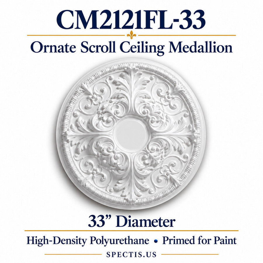 CM2121FL-33 ornate scroll ceiling medallion, white primed high-density polyurethane; 33" Diameter. Product illustration.