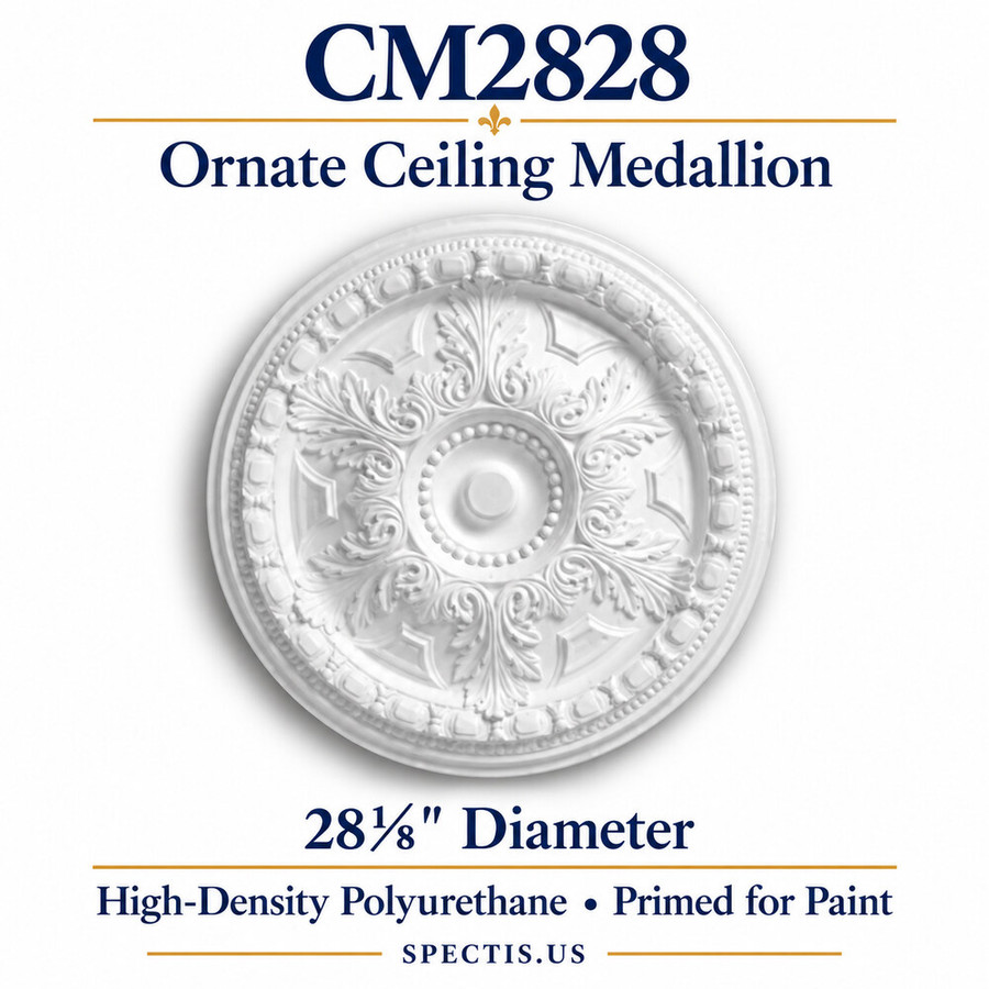 CM2828 ornate ceiling medallion, white primed high-density polyurethane; 28⅛" Diameter. Product illustration.