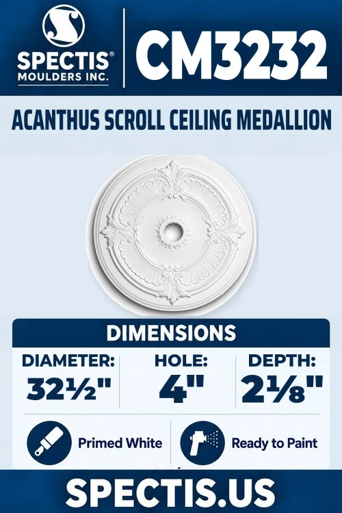 Spectis CM3232 acanthus scroll ceiling medallion, 32 1/2 inch with 4 inch center hole, 2 1/8 inch depth, primed polyurethane
