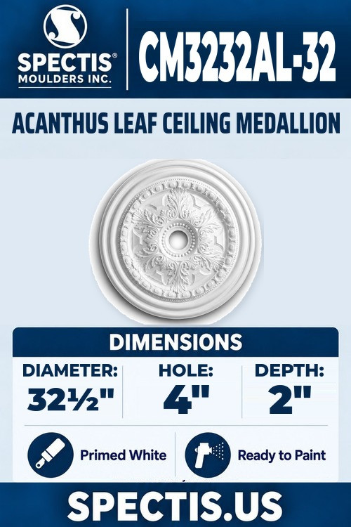 Spectis CM3232AL-32 acanthus leaf ceiling medallion, 32 1/2 inch with 4 inch center hole, 2 inch depth, primed polyurethane