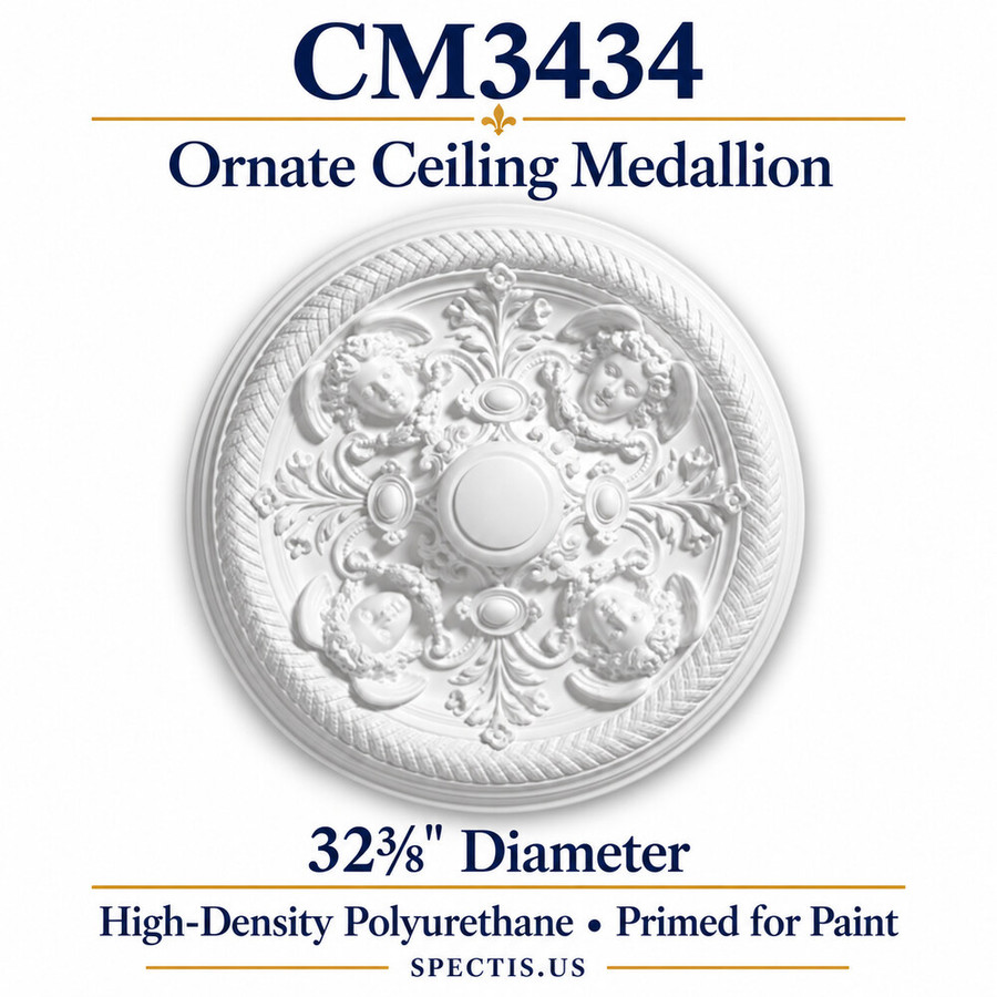 CM3434 ornate ceiling medallion, white primed high-density polyurethane; 32⅜" Diameter. Product illustration.