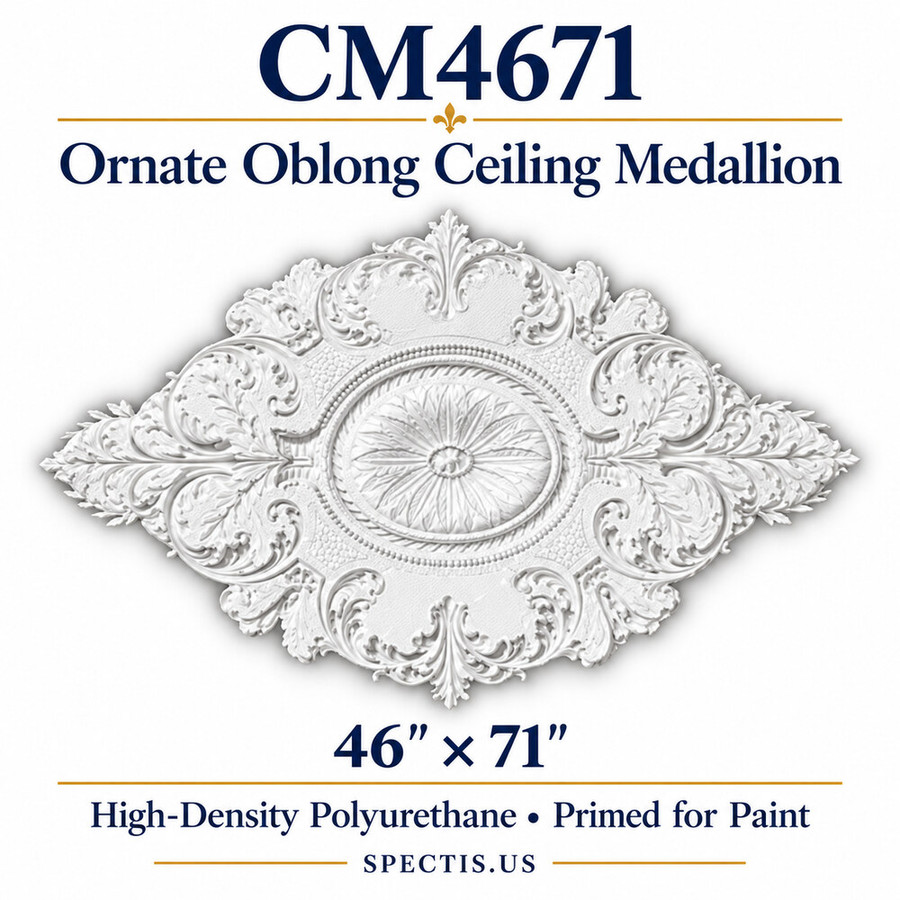 CM4671 ornate oblong ceiling medallion, white primed high-density polyurethane; 46" × 71". Product illustration.
